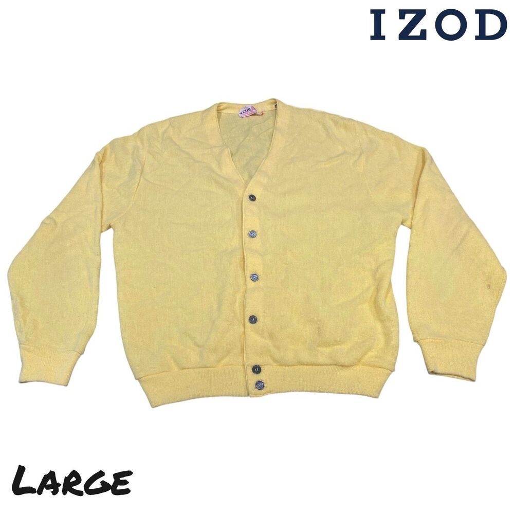 Vintage 70s Izod of London Yellow Orlon Acrylic Cardigan Sweater USA Made‎ LARGE